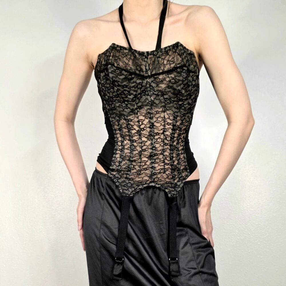 Vintage Black Lace Corset 34D Halter Bustier Goth Nylon Sheer Sexy Boudoir